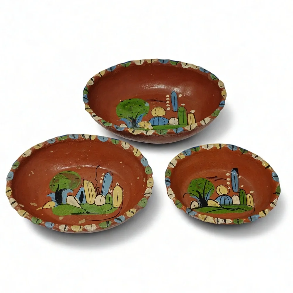 Mexican Redware Nesting Bowls Set 3 Hand Painted Folk Art Terracotta Scalloped